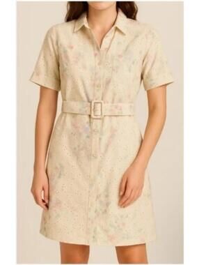 Anthropologie x Solitaire Floral Belted Eyelet Shirt Dress Pink Size Small